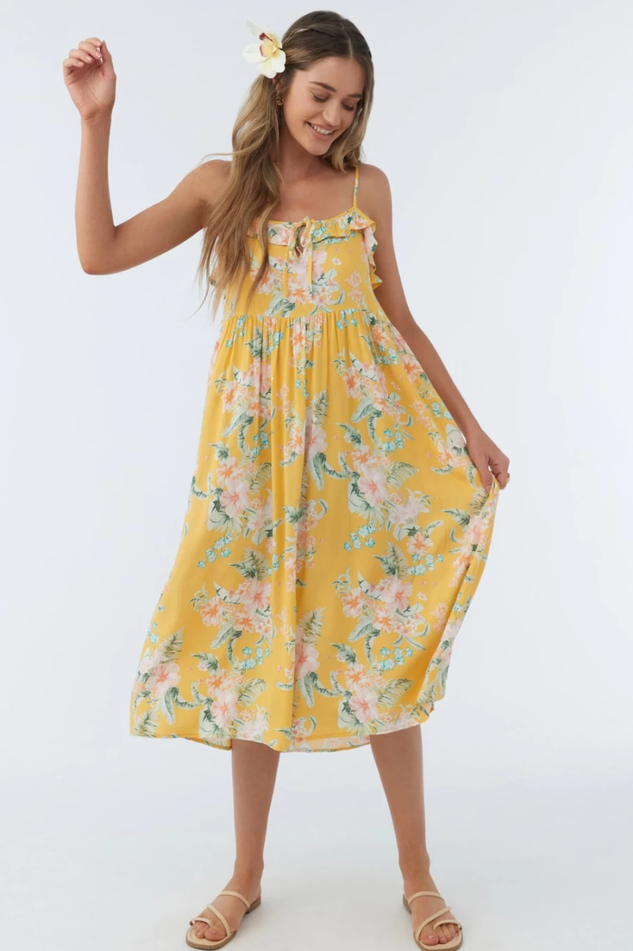 O'Neill Women's Gardenia Midi Dress in Sahara - Flowy Boho Summer Dress