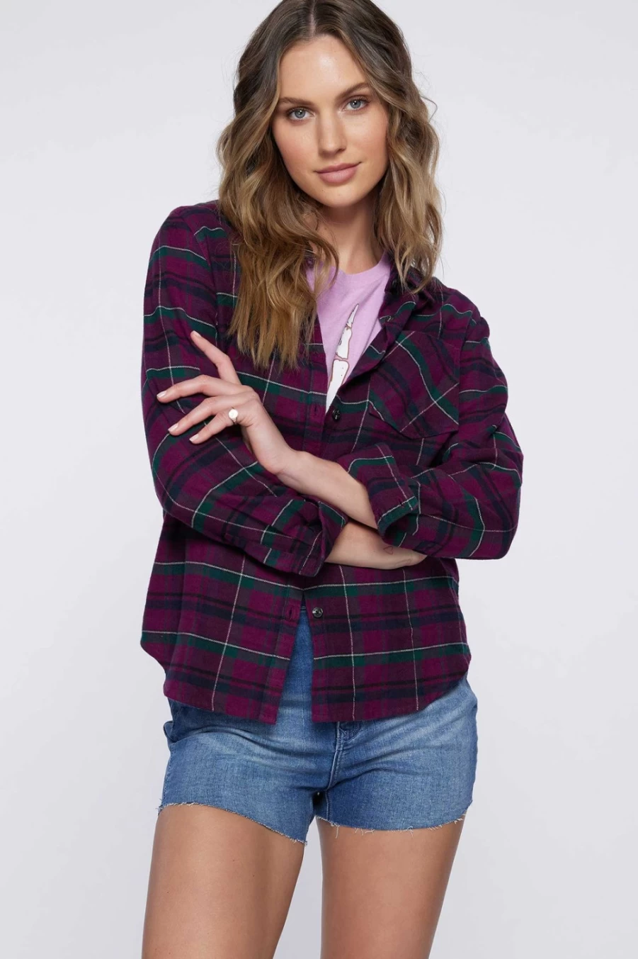 O'Neill Women's Plum Logan Flannel Top - Soft Plaid Shirt for Women