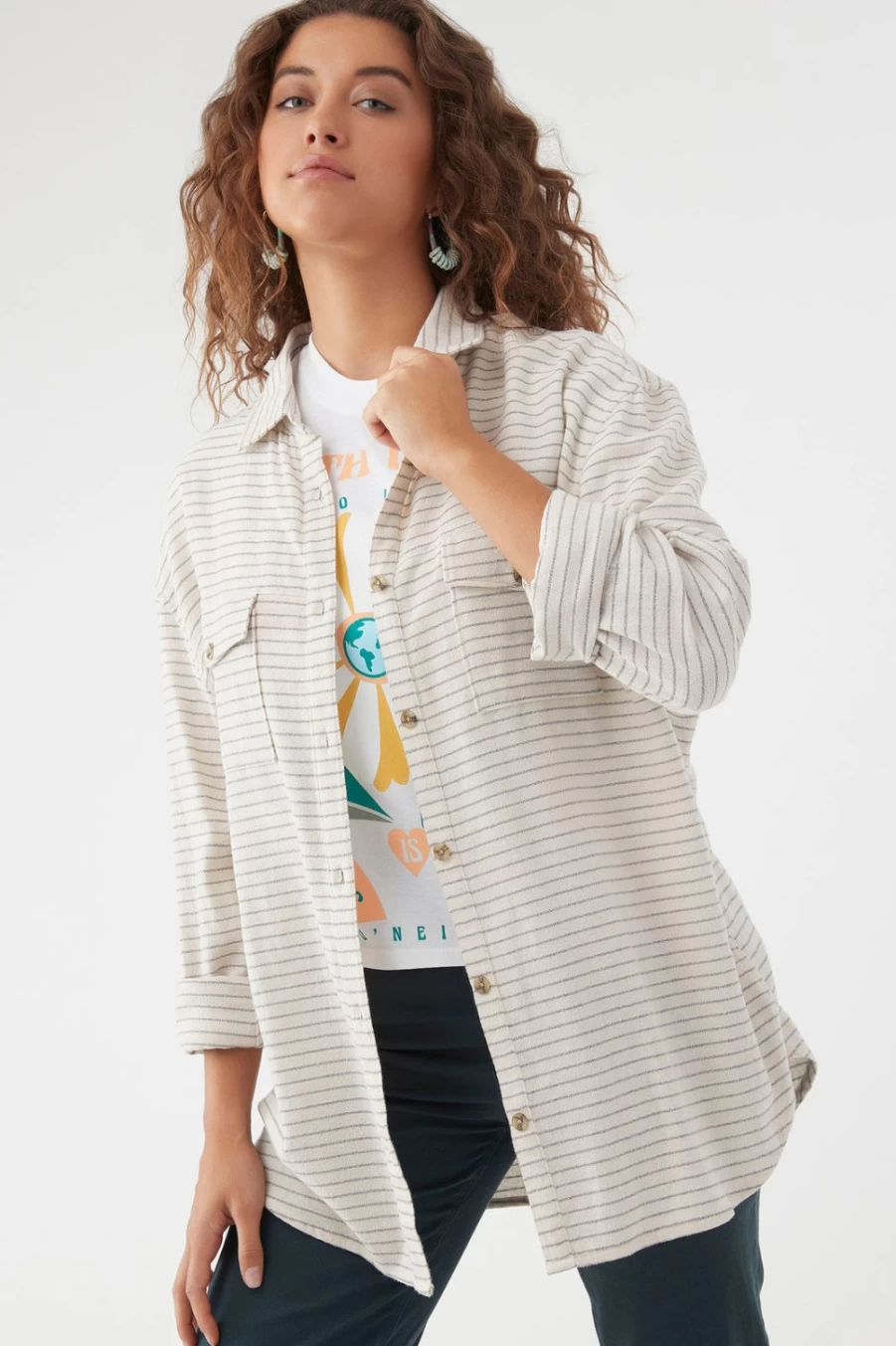 O'Neill Women's Bone Oversized Flannel Shirt - Coat Check Plaid Long Sleeve Top