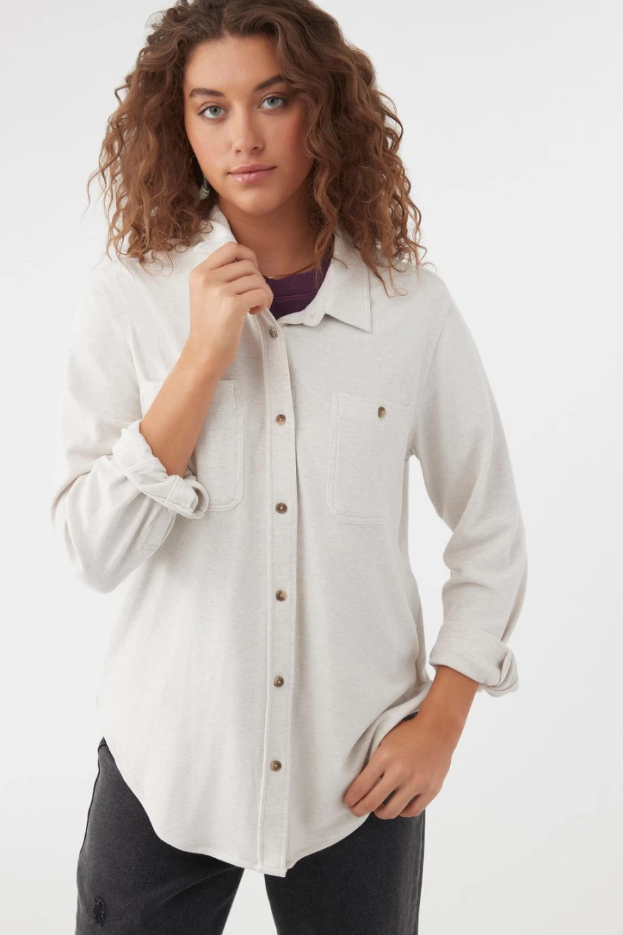O'Neill Women's Oversized Button-Up Top in Oatmeal Heather - Janny Style