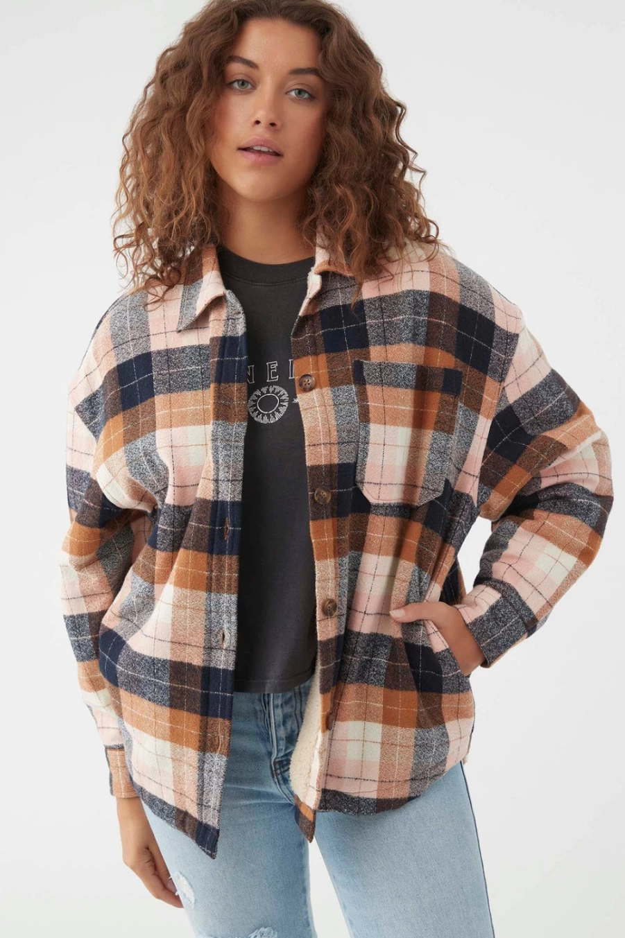 O'Neill Women's Petrina Flannel Shirt Jacket in Chipmunk - Cozy Plaid Outerwear