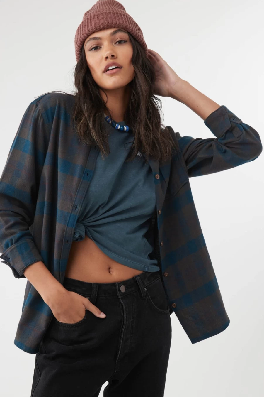 O'Neill Women's Blue Logan Flannel Top - Soft Plaid Shirt for Women