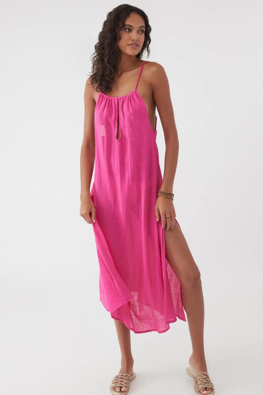 O'Neill Women's Theresa Midi Dress in Barbie Pink | Flowy Casual Summer Dress