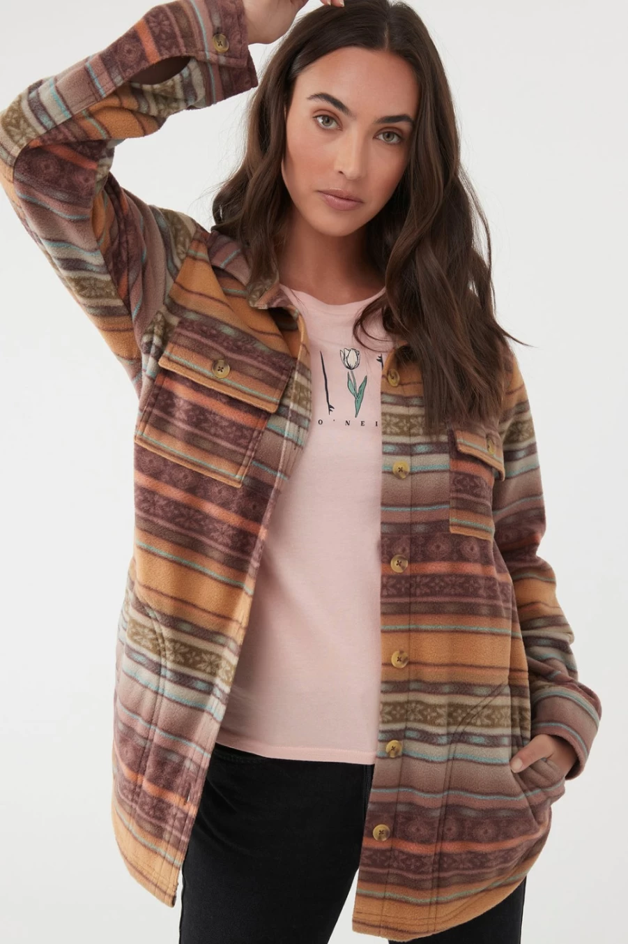 O'Neill Women's Brown Collins Printed Superfleece Shirt Jacket | Cozy Fleece Outerwear