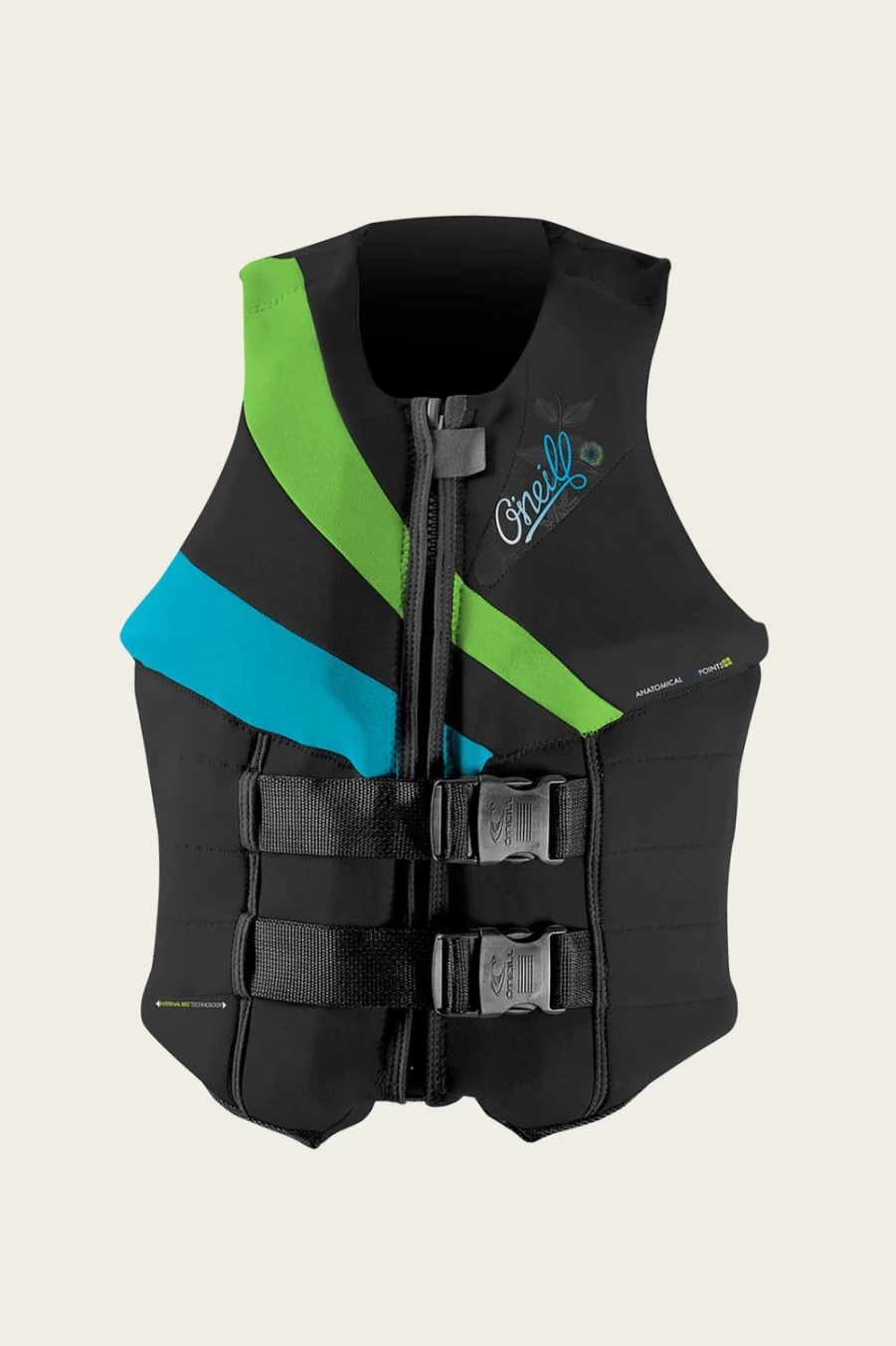 O'Neill Women's Siren USCG Vest - Blk/Dayglo/Turq Life Jacket for Water Safety