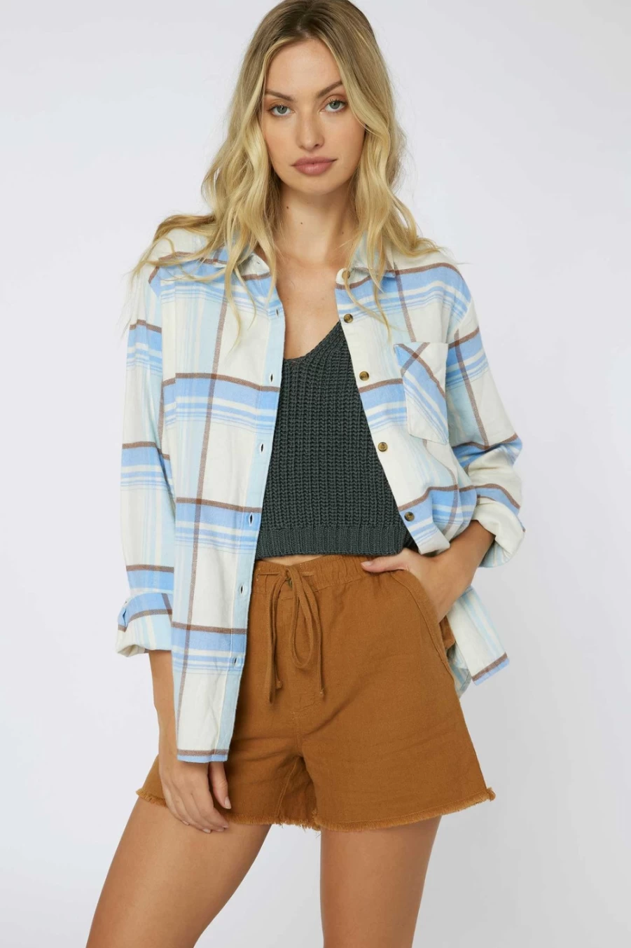 O'Neill Women's Bone Color Logan Flannel Top - Soft Plaid Shirt for Women