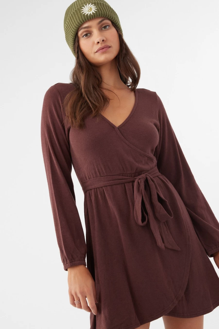 O'Neill Women's Morningside Wrap Knit Dress in Chocolate - Soft Knitted Wrap Dress