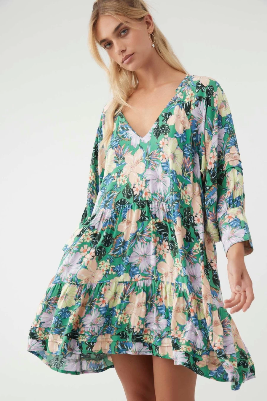 O'Neill Women's Merla Tiered Dress in Jade - Flowy Boho Style Summer Dress