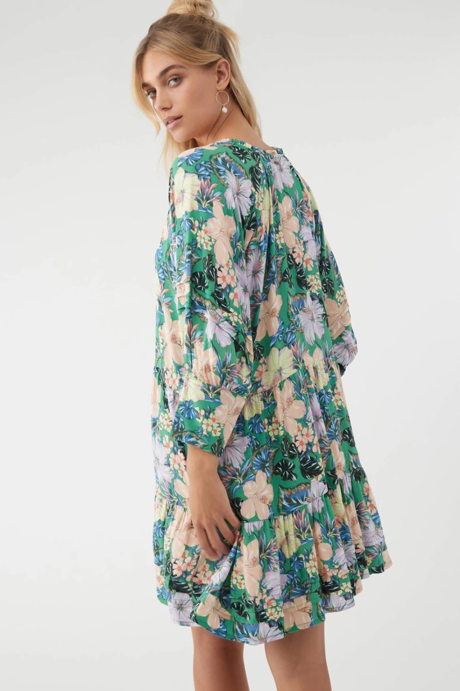 O'Neill Women's Merla Tiered Dress in Jade - Flowy Boho Style Summer Dress