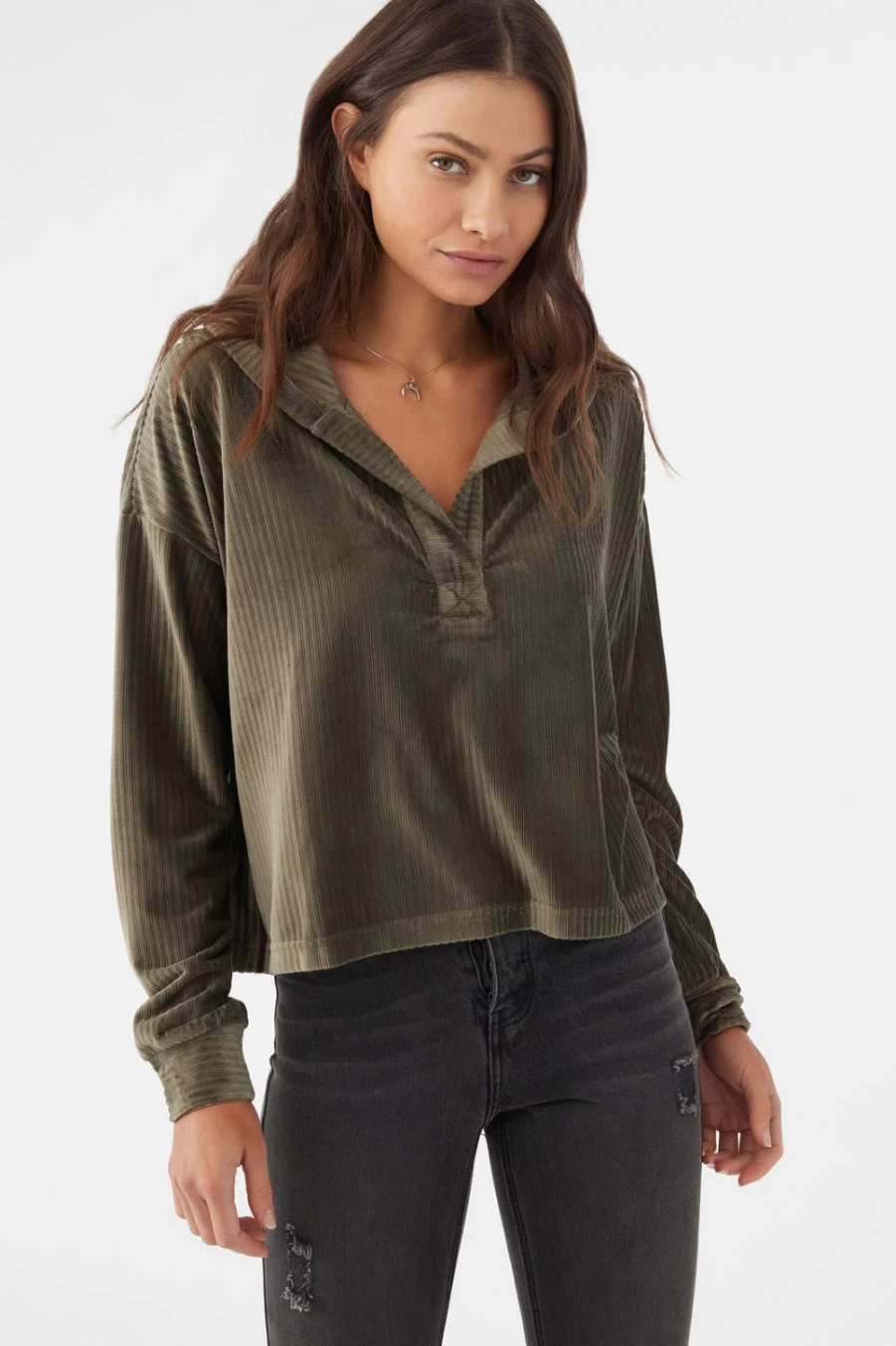 O'Neill Women's Olive Velour Hooded Rib Pullover Sweatshirt