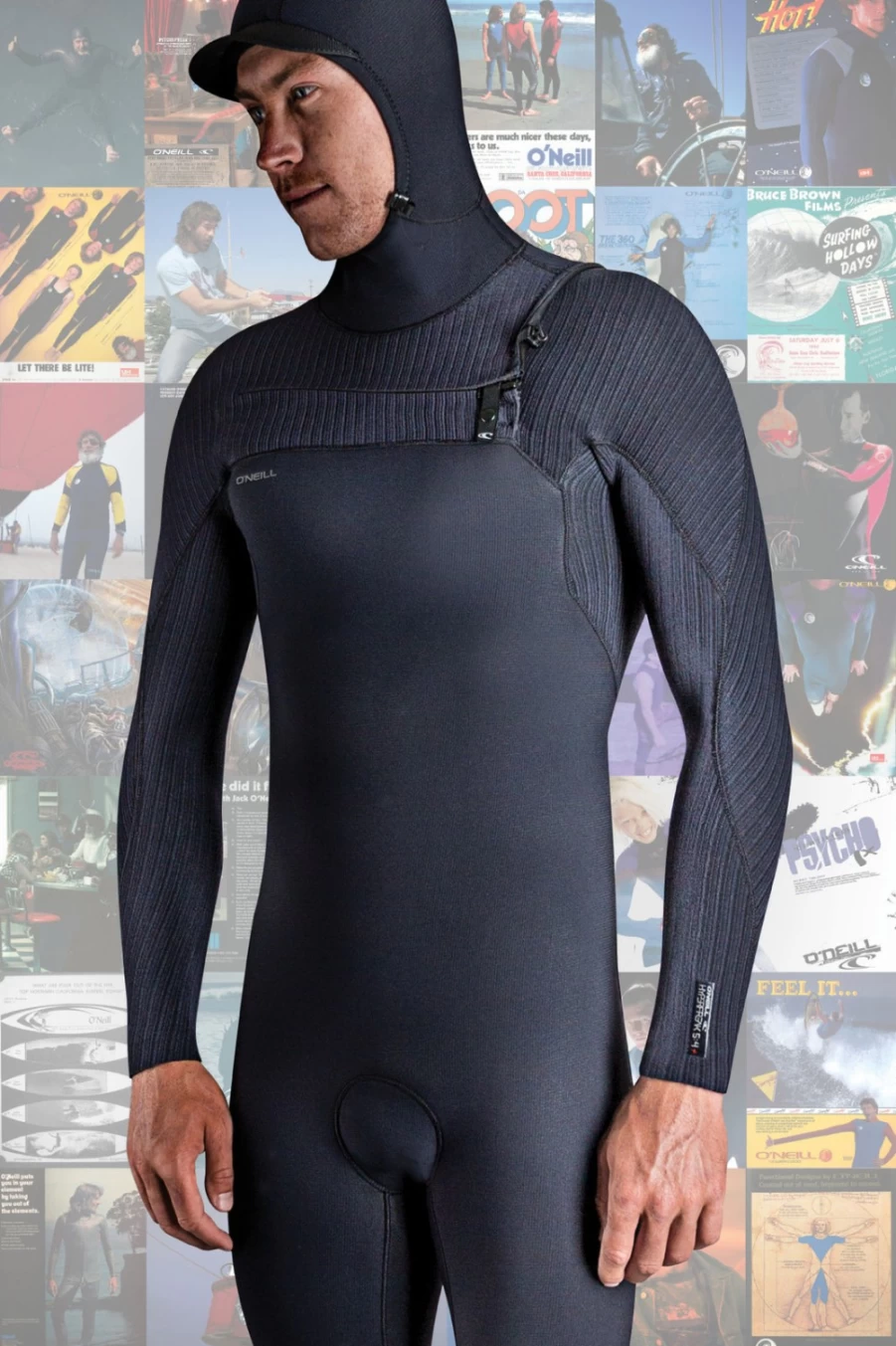 O'Neill Men's Hyperfreak 4/3mm Chest Zip Hooded Full Wetsuit - Black/Black