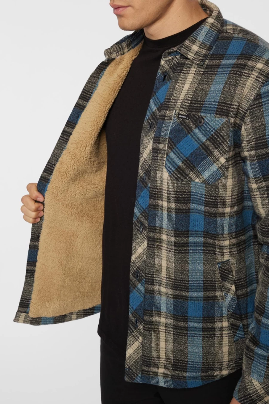 O'Neill Men's Black Sherpa Lined Flannel Shirt - Redmond Plaid Winter Warmth