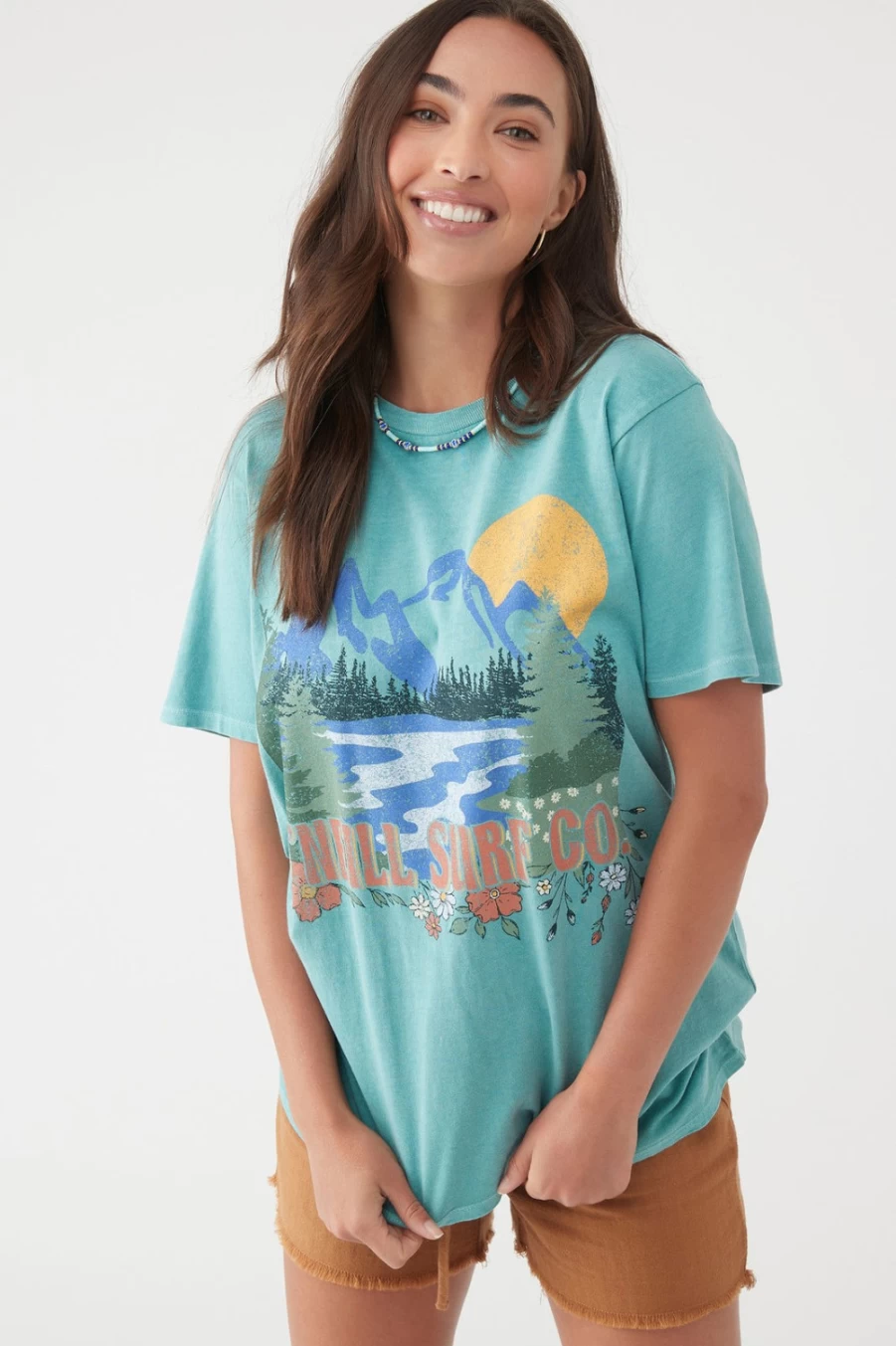O'Neill Women's Teal Wild Outpost Graphic Tee - Casual Short Sleeve T-Shirt