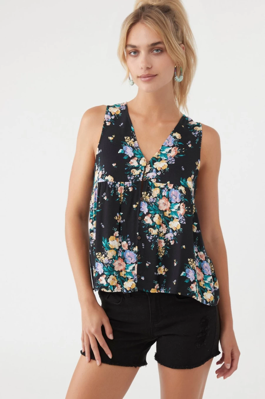 O'Neill Women's Black Chrystie Floral Print Top