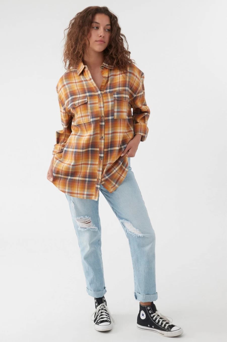 O'Neill Women's Cream Oversized Flannel Shirt - Coat Check Plaid Long Sleeve Top