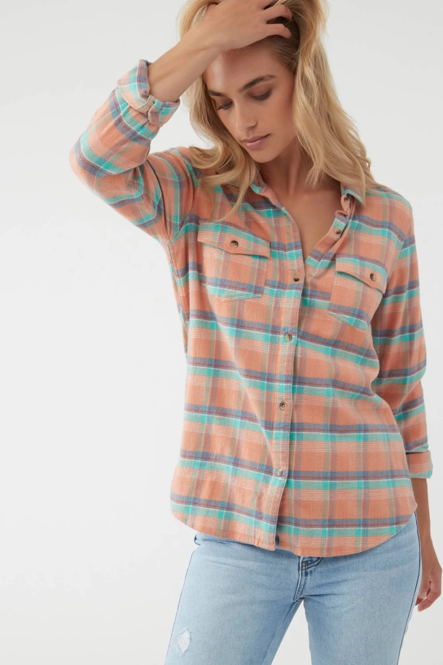 O'Neill Women's Peach Flannel Long Sleeve Top - Nash Style Plaid Shirt