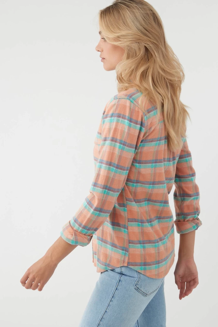O'Neill Women's Peach Flannel Long Sleeve Top - Nash Style Plaid Shirt