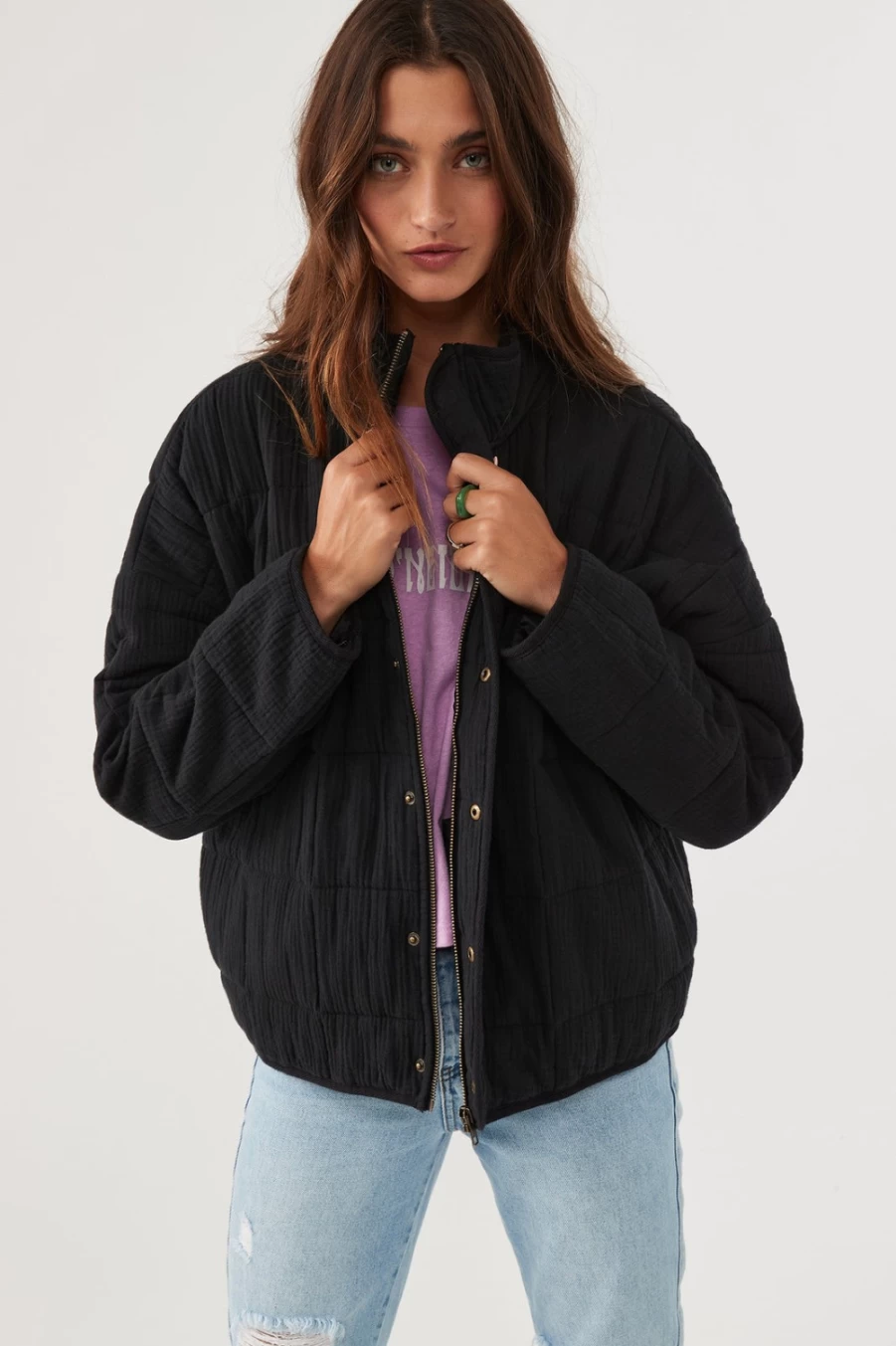 O'Neill Women's Washed Black Oversized Quilted Jacket