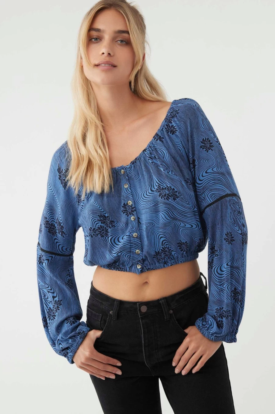 O'Neill Women's Rosalie Top in Classic Blue | Casual Comfort Fit Blouse
